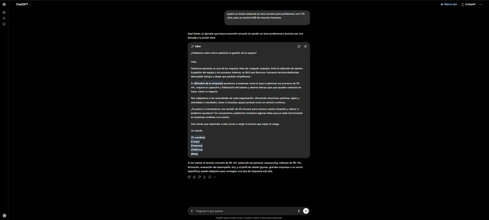 Respuesta de ChatGPT al mismo prompt del email comercial B2B: un único email con estructura presentación-problema-solución y llamada a la acción