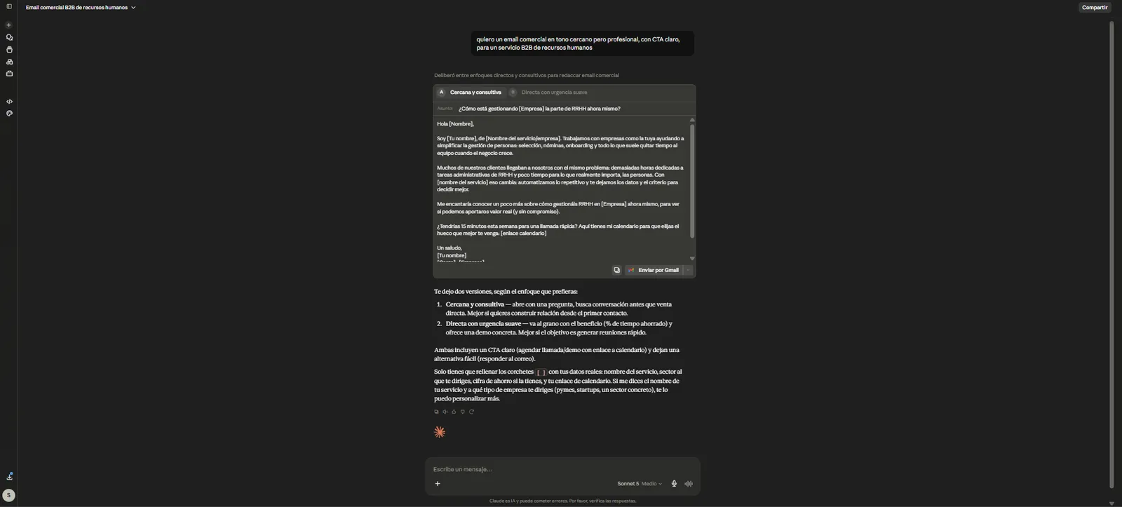 Respuesta de Claude al prompt del email comercial B2B: dos versiones alternativas con pestañas (cercana y consultiva, directa con urgencia suave), asunto incluido y botón para enviar por Gmail