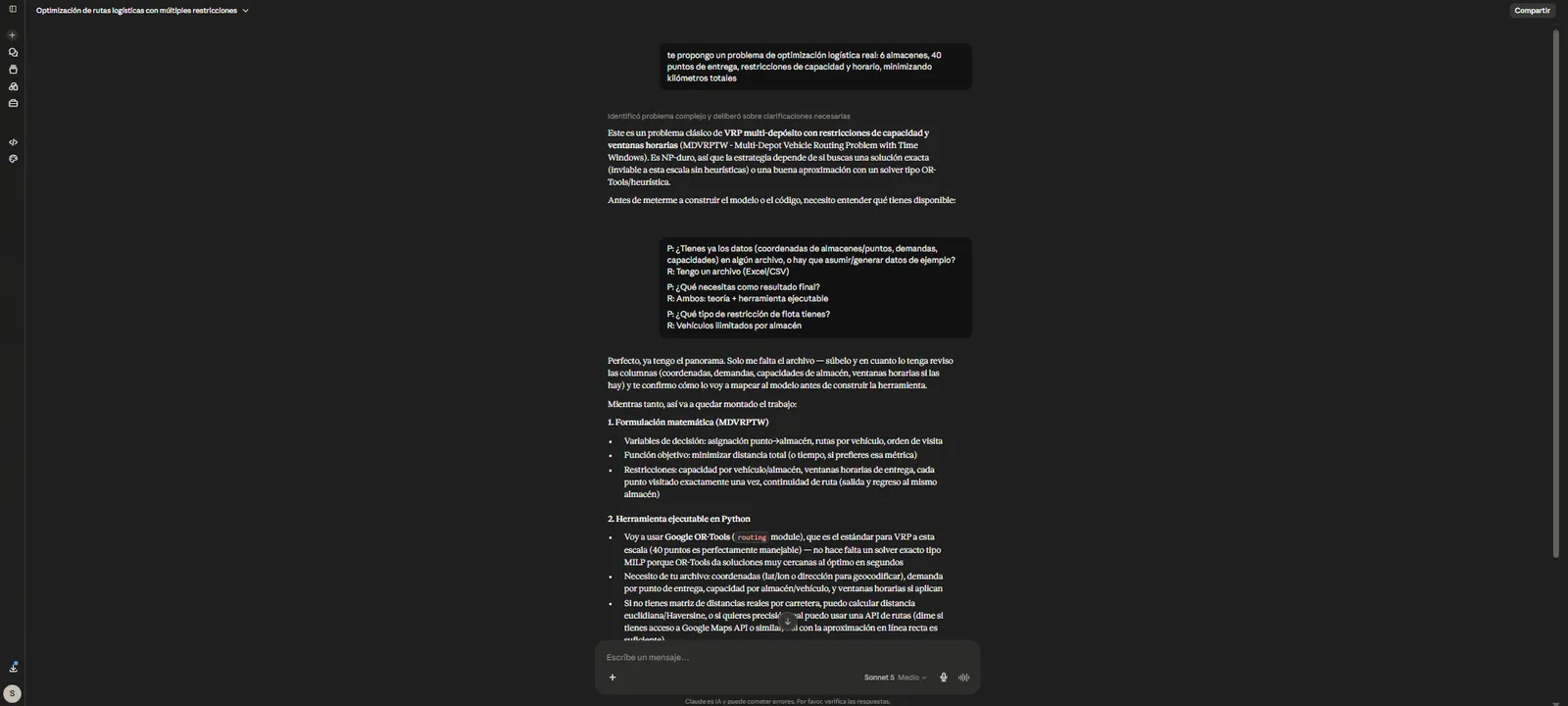 Claude ante el problema de optimización logística: identifica que es un VRP multi-depósito con ventanas horarias (MDVRPTW), hace preguntas de clarificación sobre los datos disponibles y propone formulación matemática más herramienta en Python con OR-Tools